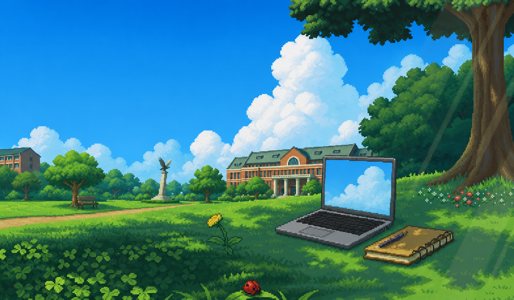 Pixel-art illustration of a university campus, laptop, trees, and a sunny sky